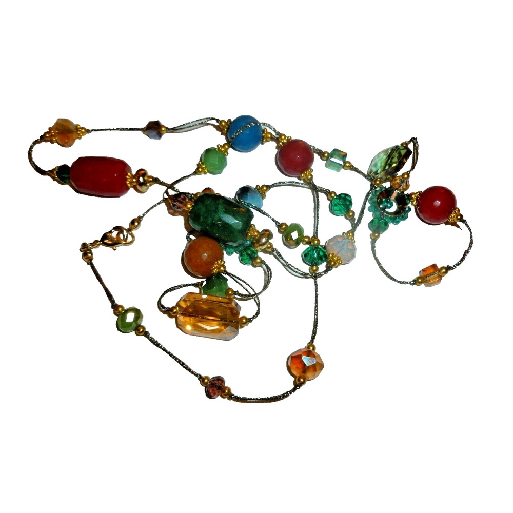 Multi Gemstone Glass Beaded Station Necklace Long 36 Inch Boho Gold Tone Mixed